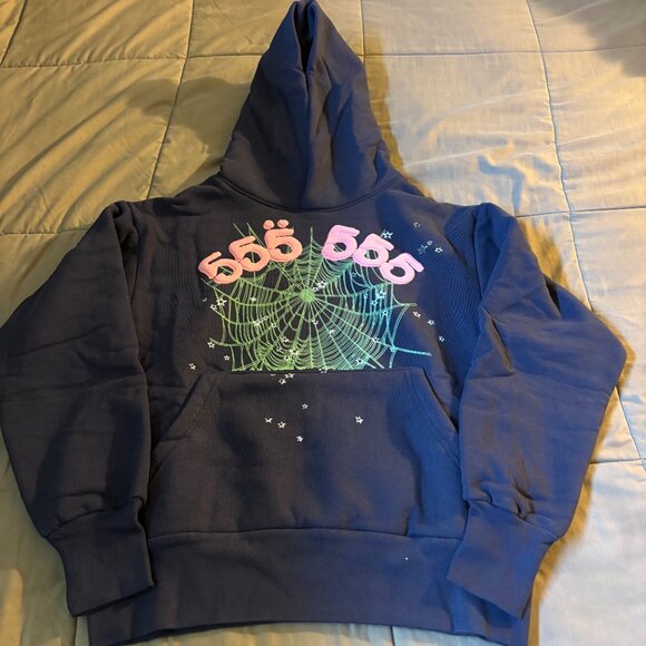 Sp5der Angel Number 555 Hoodie Spider Navy Blue - Picture 2 of 6